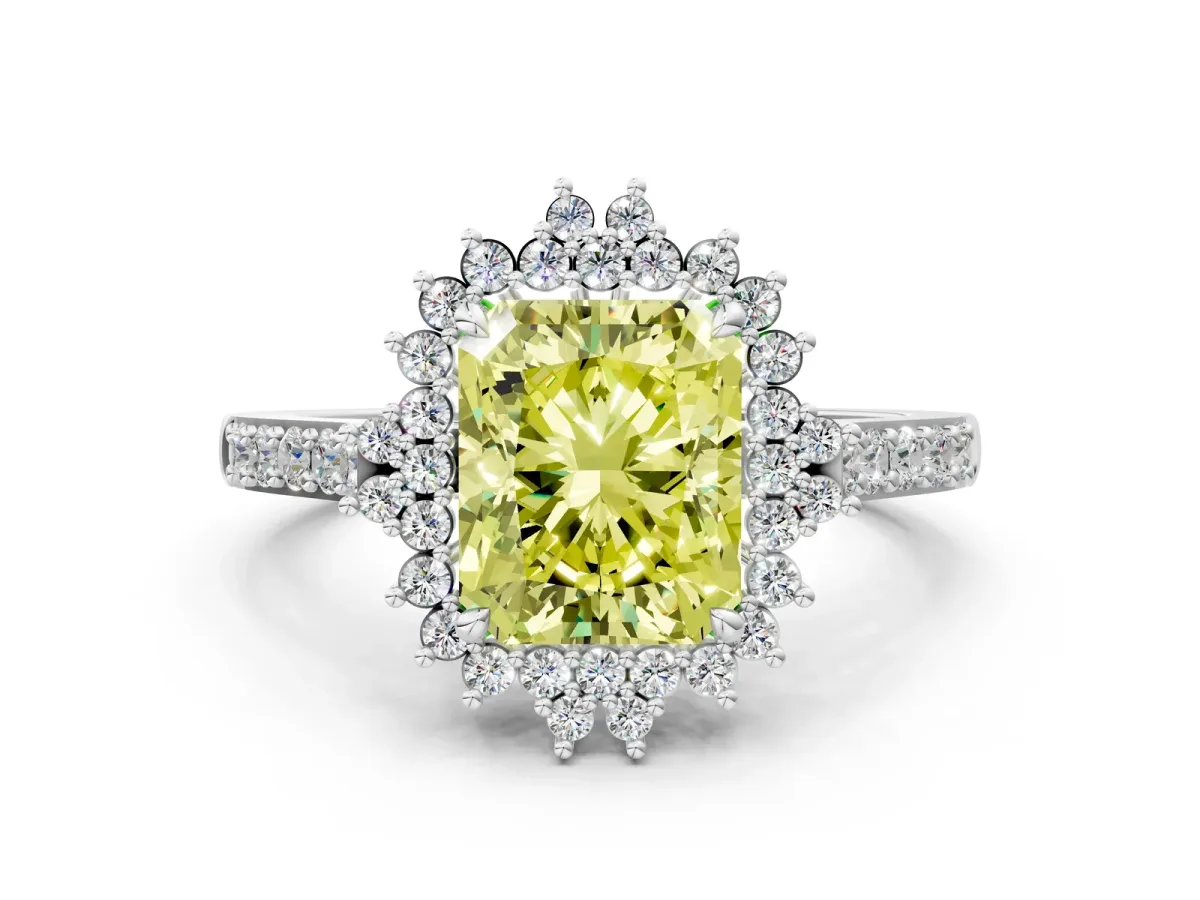 Fancy Yellow Radiant Cut Cut Diamond Sunburst Halo Engagement Ring with Pavé Band Platinum