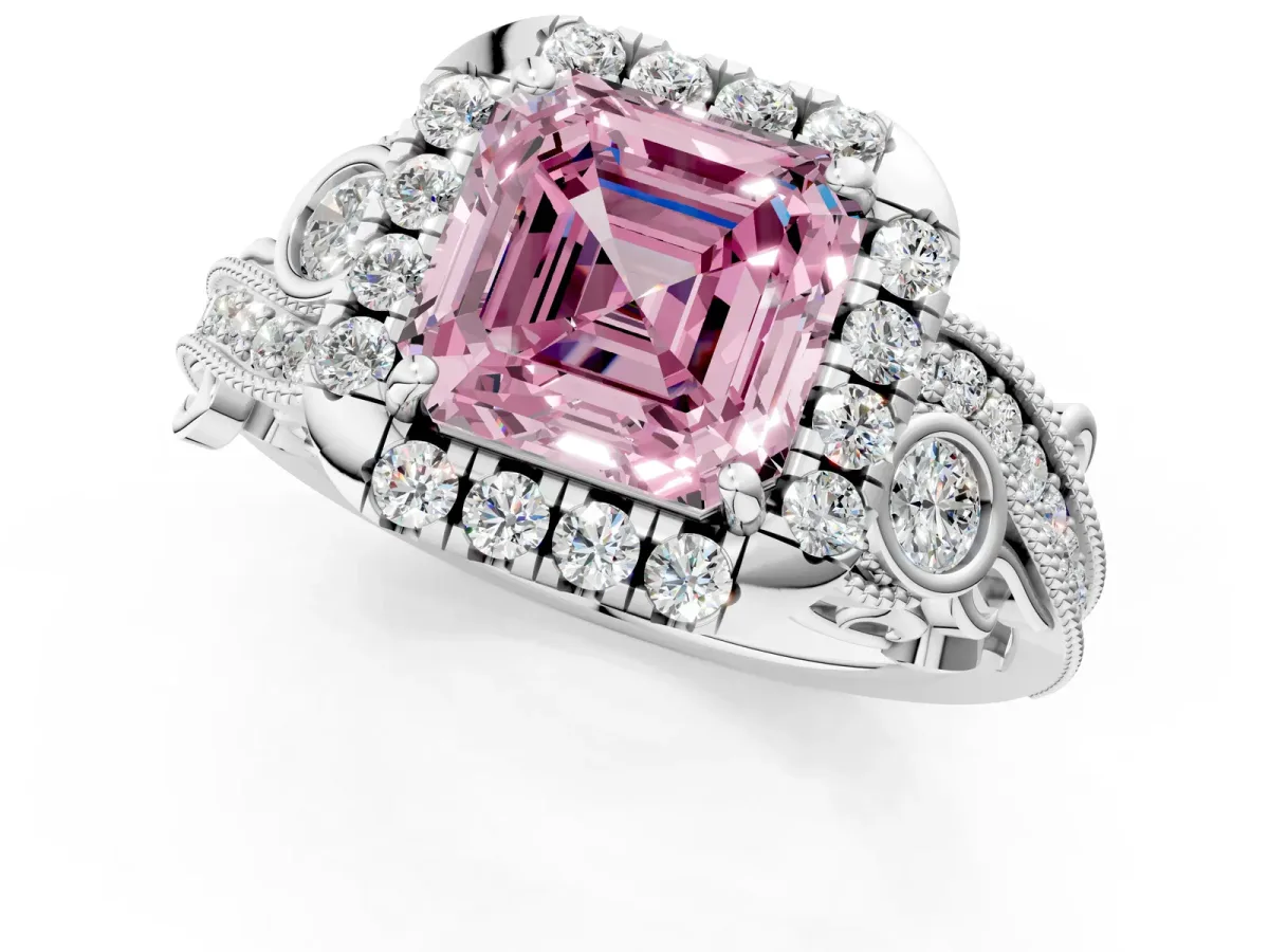 Fancy Pink Asscher Cut Diamond Halo Ring with Milgrain Pavé Band and Four-Prong Setting White gold