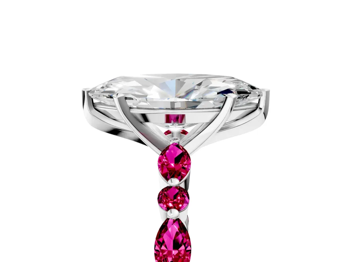 Marquise Cut Diamond Ring with Marquise and Round Garnet Side Stones and Four-Prong Setting White gold