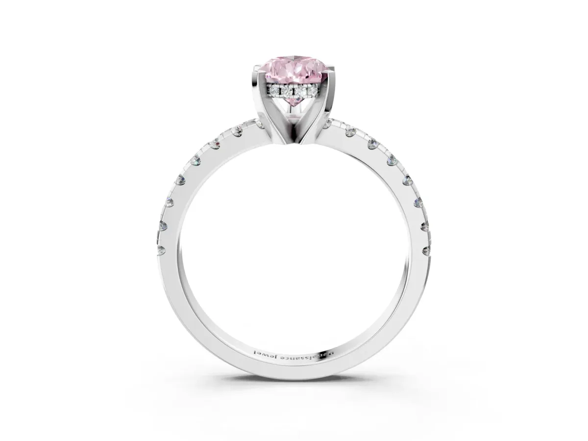 Fancy Pink Pear Cut Diamond Solitaire Ring with Round Pavé Band and Four-Prong Setting Silver