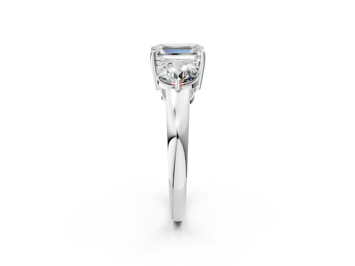 Emerald Cut Diamond Three-Stone Ring with Prong Setting and Classic Band White gold
