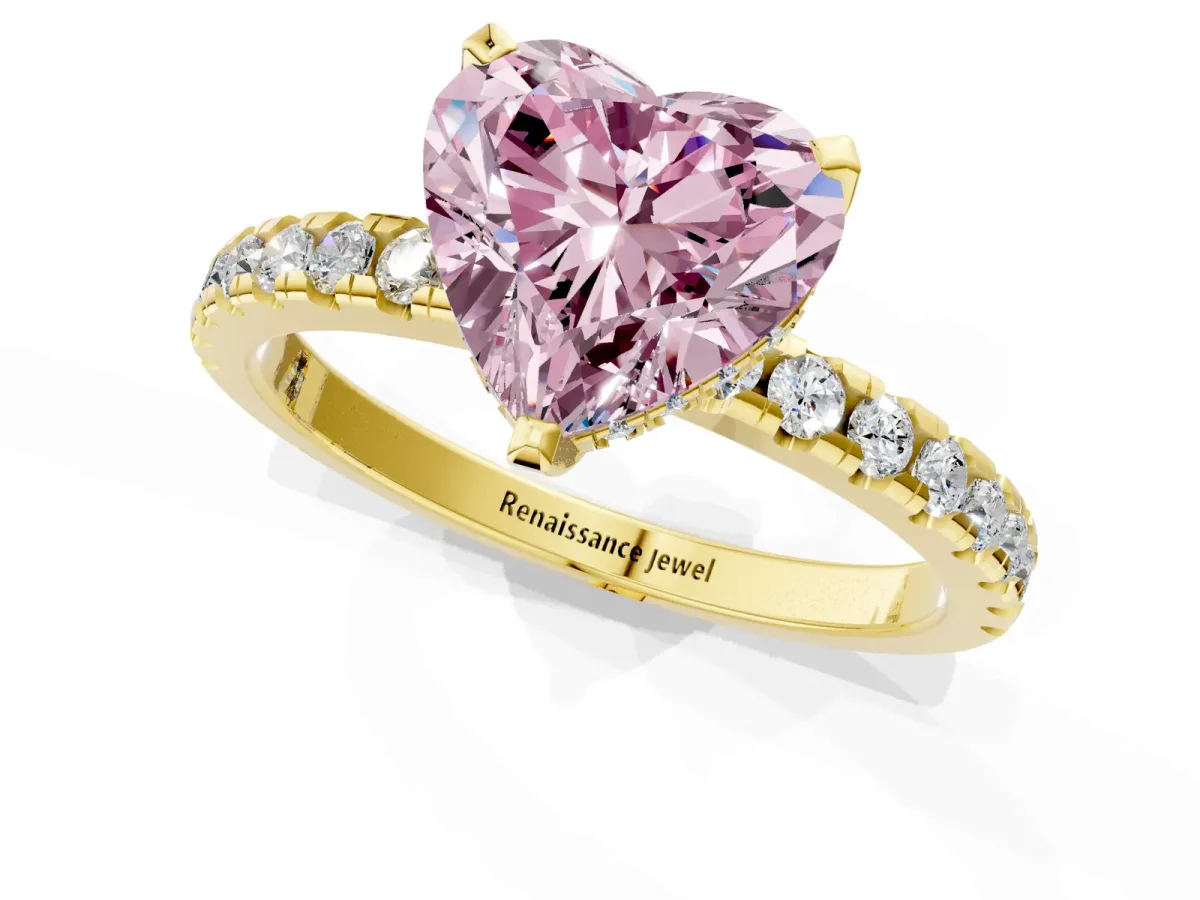 Fancy Pink Heart Cut Diamond Solitaire Ring with Round Pavé Band and Four-Prong Setting Yellow gold