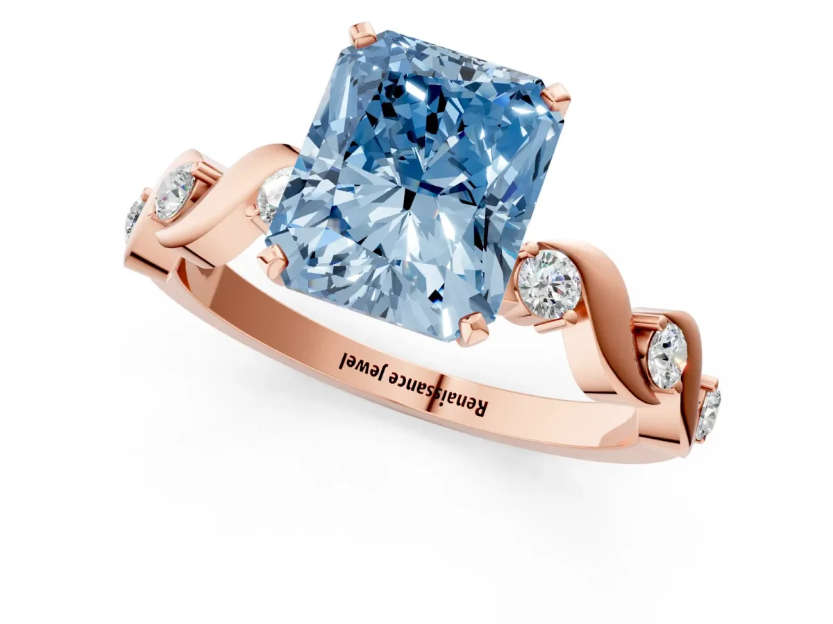 Fancy Blue Radiant Cut Diamond Solitaire Twisted Band with Round Accents and Prong Setting Rose gold