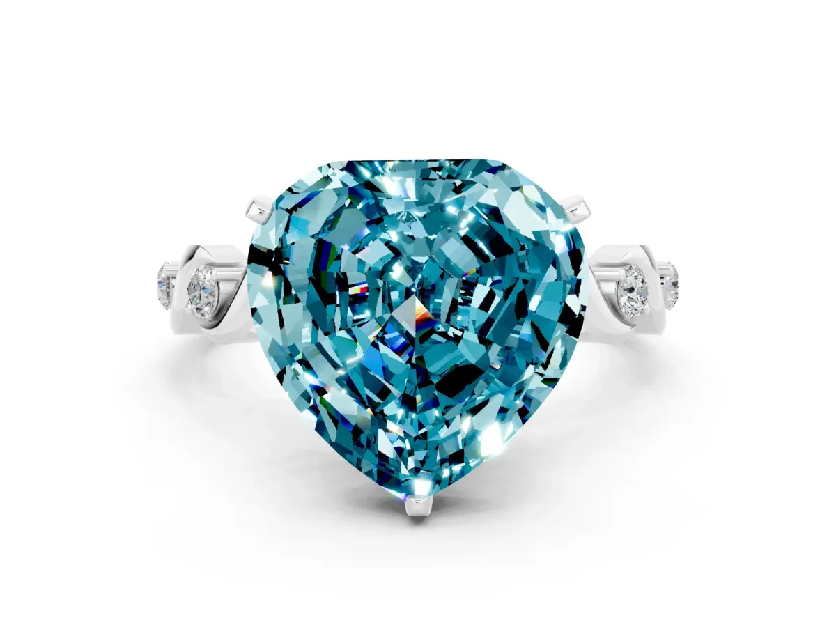 Heart Cut Blue Topaz Solitaire Twisted Band with Round Accents and Prong Setting White gold