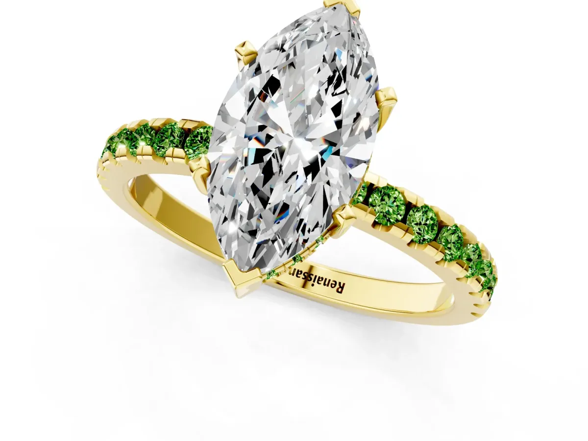 Marquise Cut Diamond Solitaire Ring with Round Peridot Pavé Band and Four-Prong Setting Yellow gold