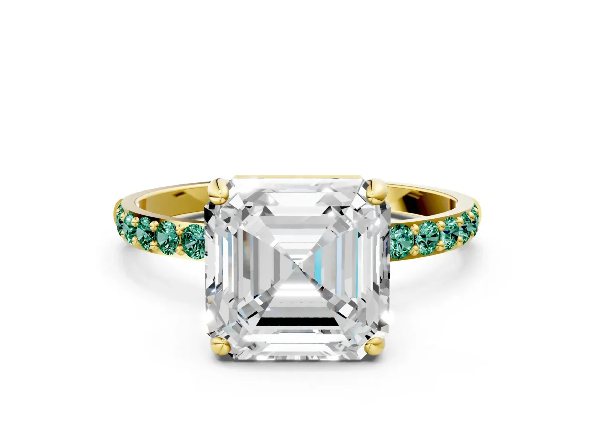 Asscher Cut Diamond Solitaire Ring with Round Green Sapphire Pavé Band and Prong Setting Yellow gold
