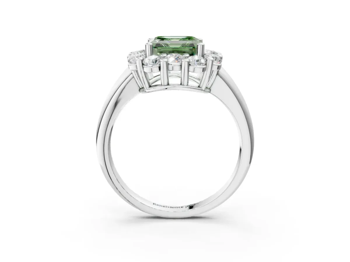 Fancy Green Asscher Cut Halo Cluster Diamond Engagement Ring with Prong Setting and Polished Band Platinum