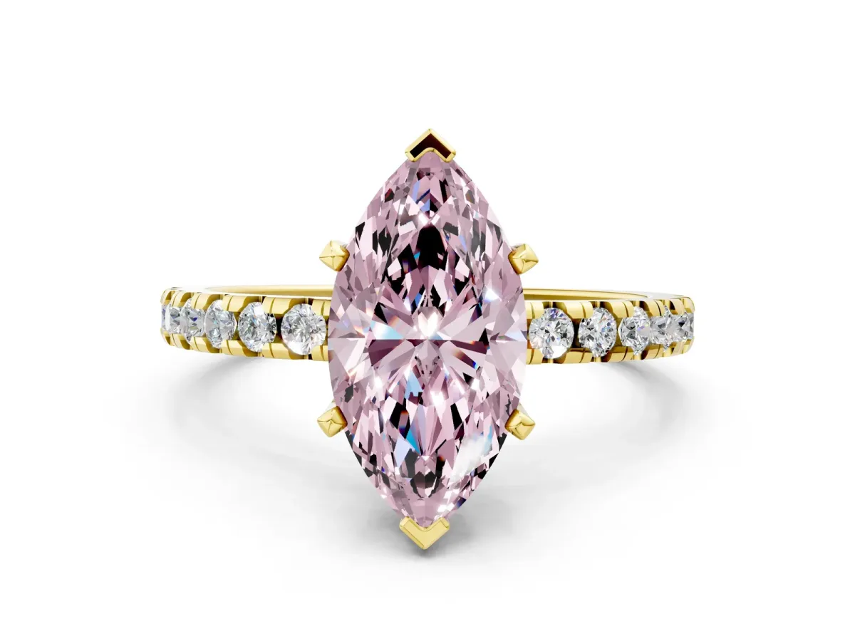 Fancy Pink Marquise Cut Diamond Solitaire Ring with Round Pavé Band and Four-Prong Setting Yellow gold