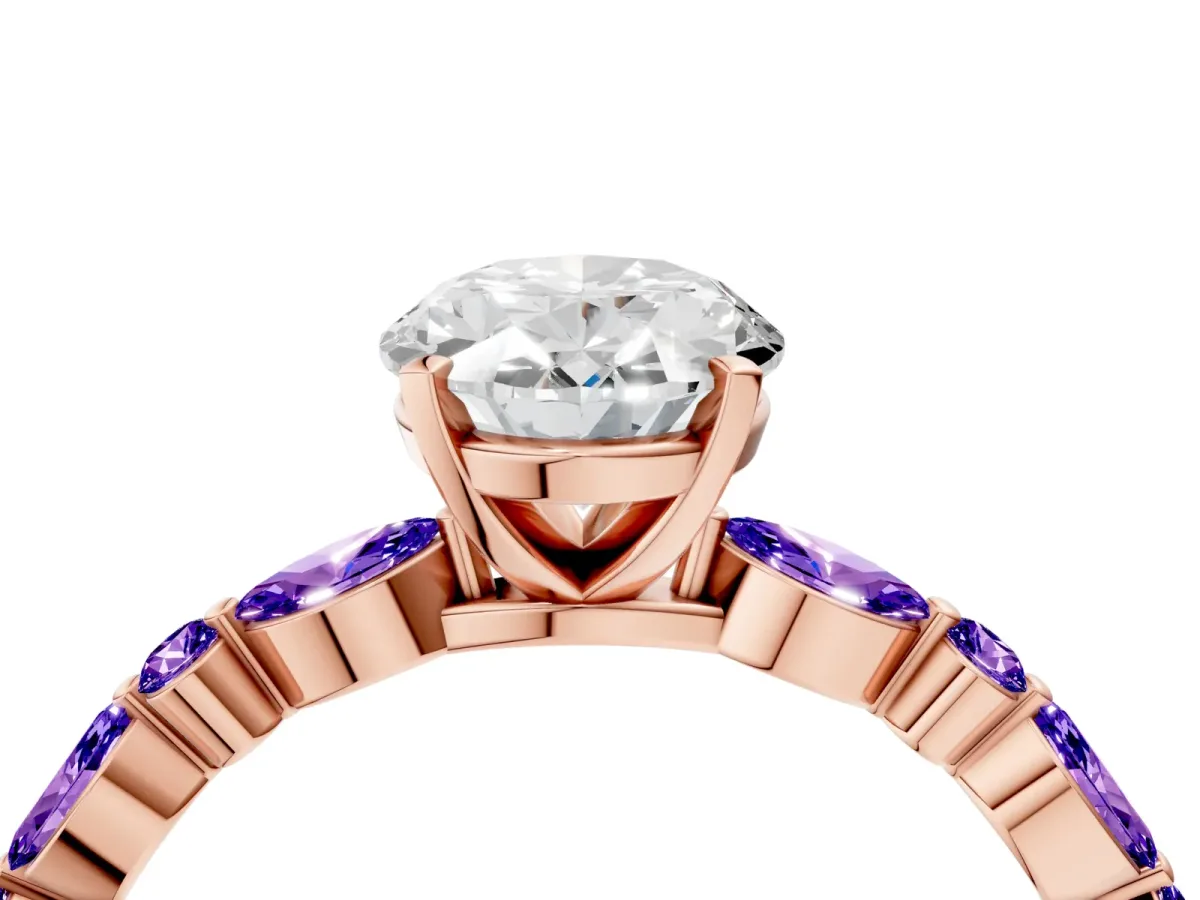 Oval Cut Diamond Ring with Marquise and Round Tanzanite Side Stones and Four-Prong Setting Rose gold