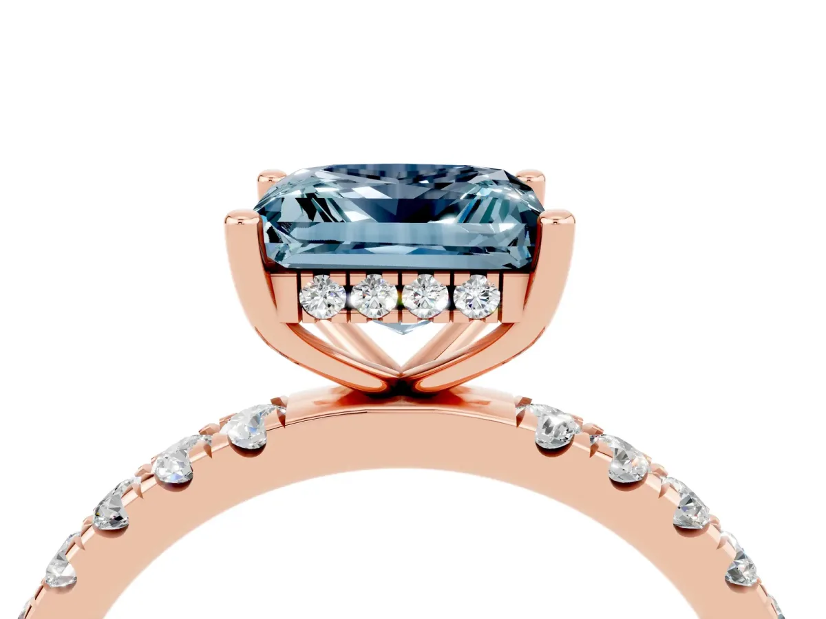 Princess Cut Aquamarine Pave Band Solitaire Ring with Round and Prong Setting Rose gold