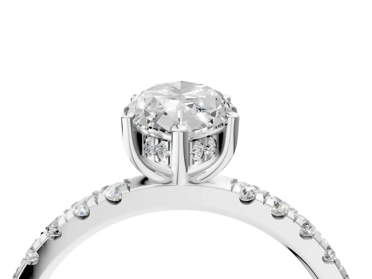 Marquise Cut Diamond Pave Band Solitaire Ring with Round Moissanite and Prong Setting White gold