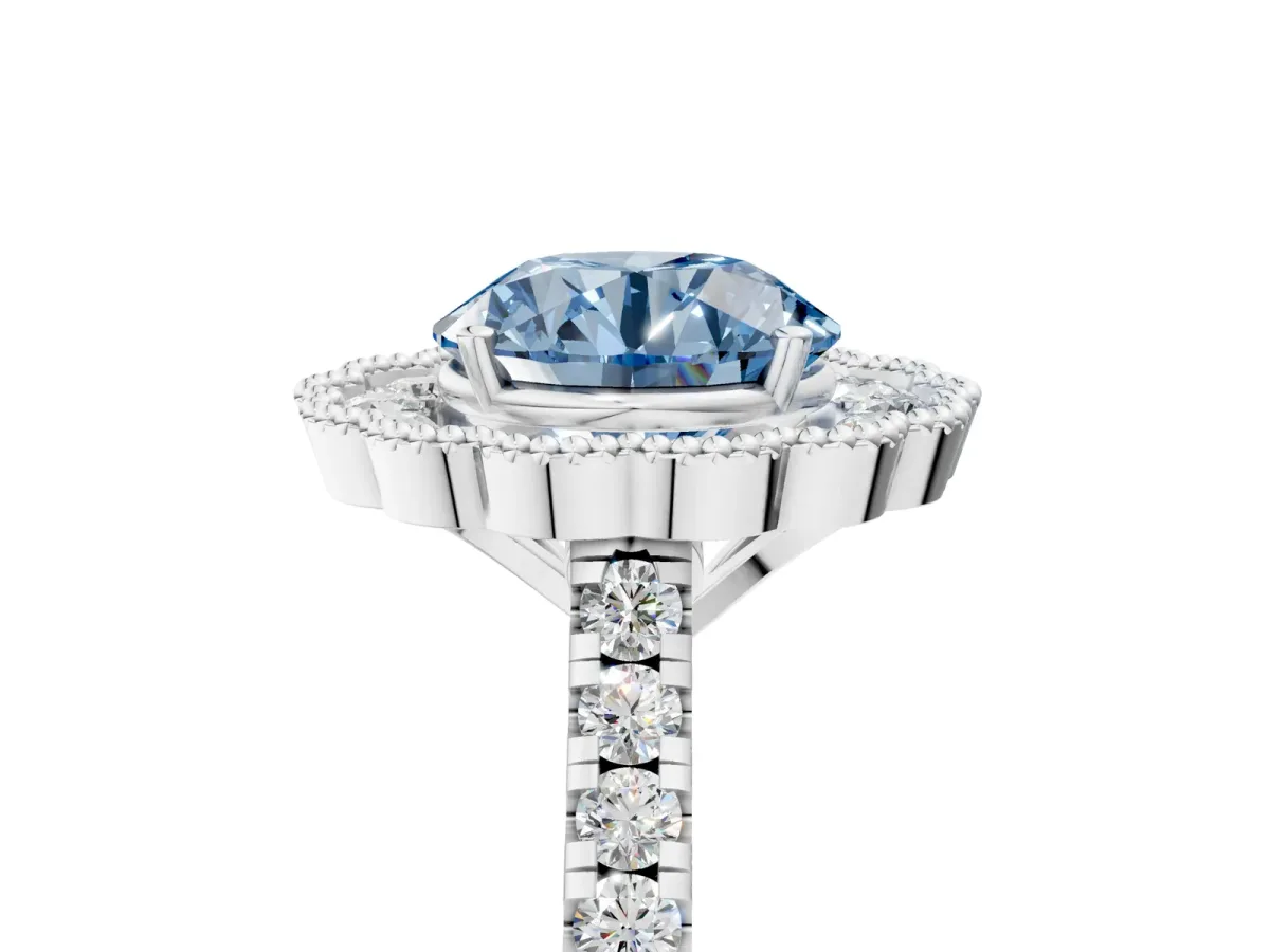 Fancy Blue Round Cut Cut Diamond Milgrain Floral Halo Engagement Ring with Pavé Band Silver
