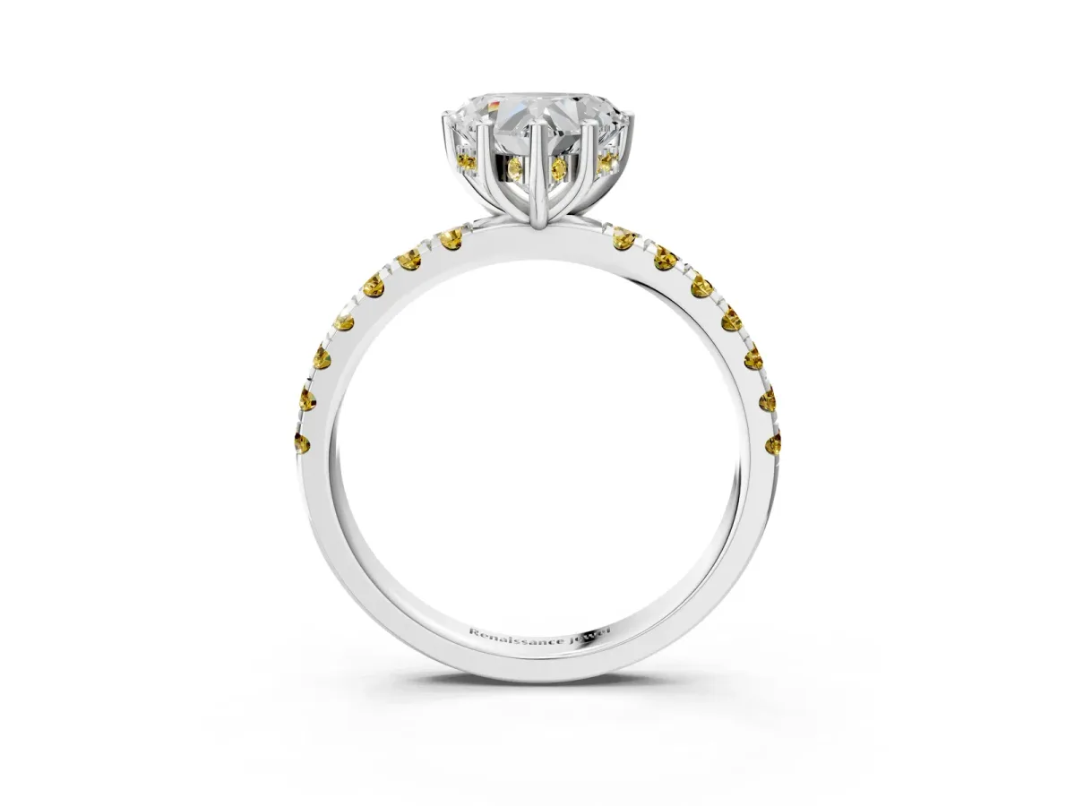 Heart Cut Diamond Pave Band Solitaire Ring with Round Yellow Sapphire and Prong Setting White gold