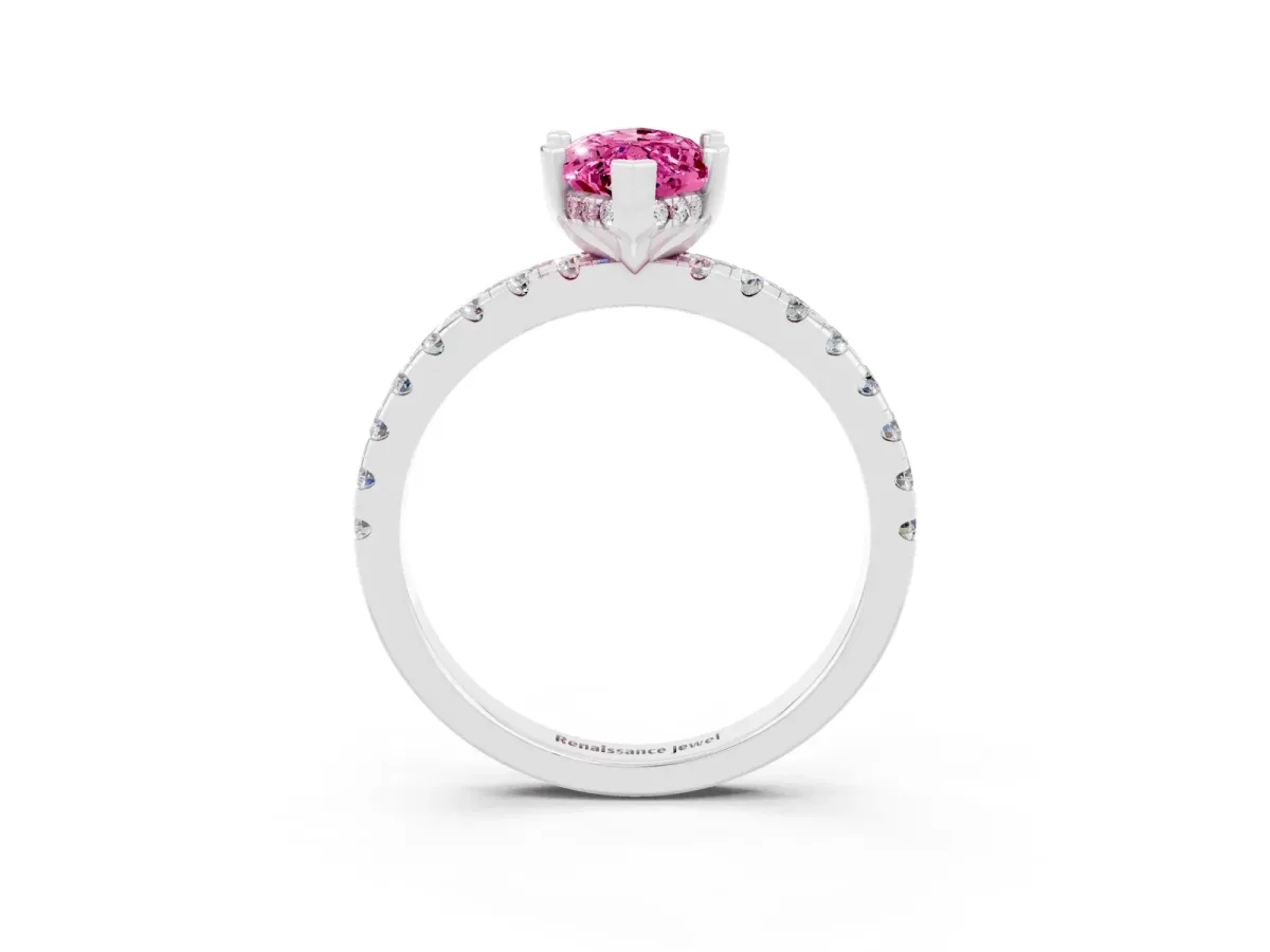 Marquise Cut Pink Sapphire Solitaire Ring with Round Pavé Band and Four-Prong Setting Silver
