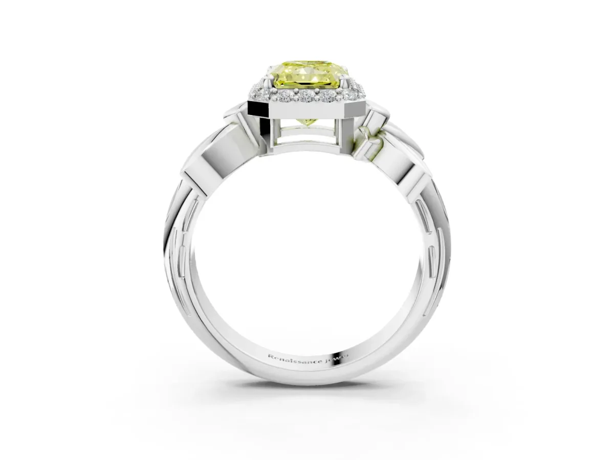 Fancy Yellow Radiant Cut Halo Diamond Floral Band with Four-Prong Setting Platinum