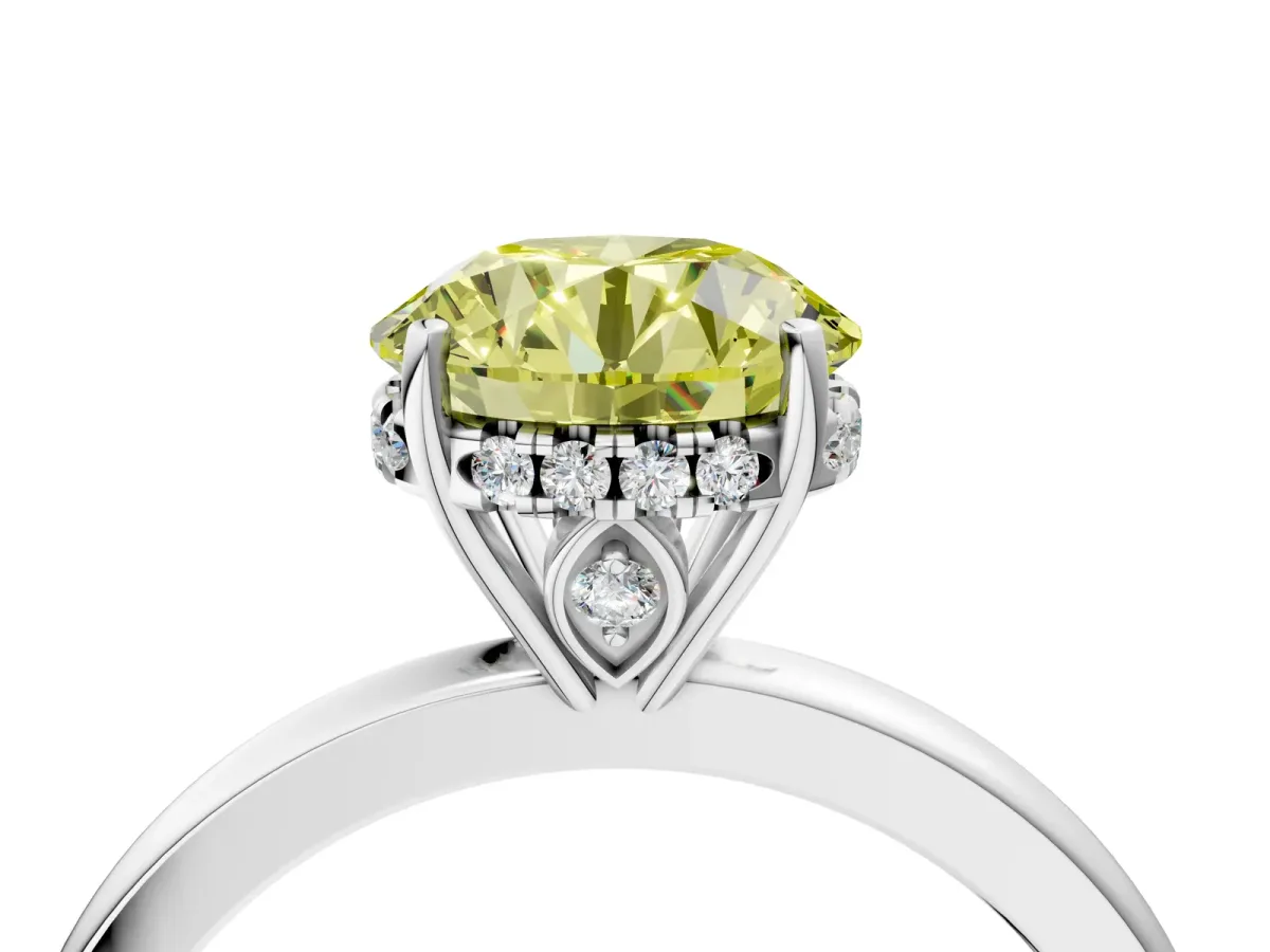 Fancy Yellow Round Cut Solitaire Diamond Ring with Prong Setting and Plain Band Platinum