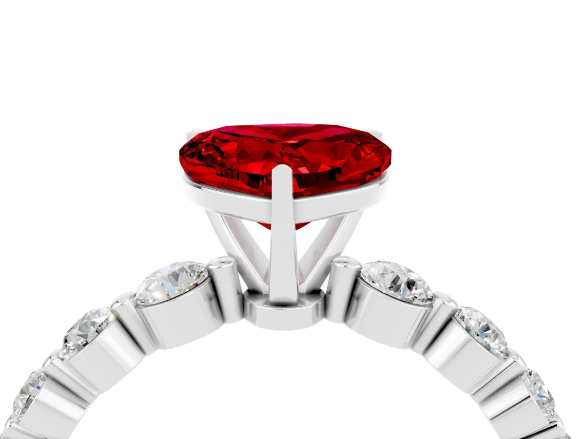 Heart Cut Solitaire Ruby Ring with Pave Band and Four-Prong Setting White gold