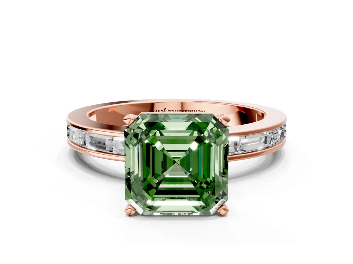 Fancy Green Asscher Cut Solitaire Diamond Ring with Channel-Set Baguette Band and Four-Prong Setting Rose gold