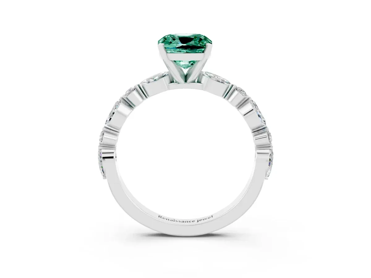 Cushion Cut Green Sapphire Ring with Marquise and Round Side Stones and Four-Prong Setting Platinum