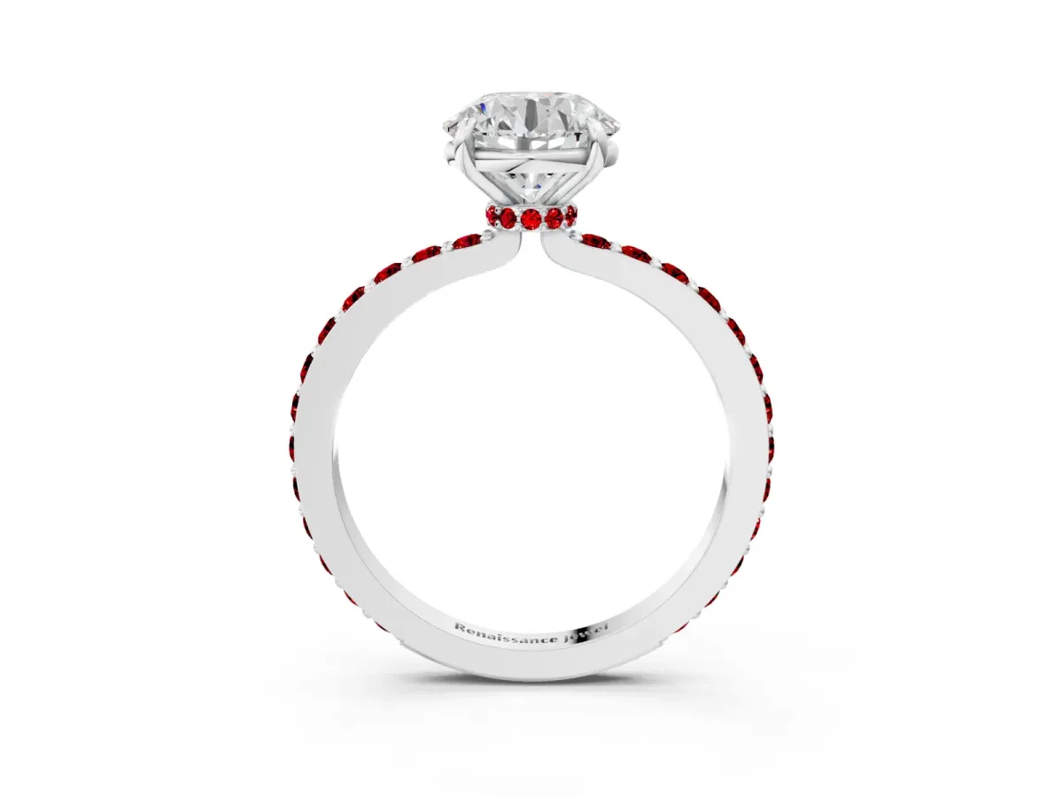 Round Cut Diamond Pavé Engagement Ring with Round Tanzanite Accents and Prong Setting White gold