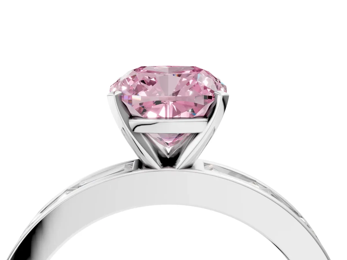 Fancy Pink Cushion Cut Solitaire Diamond Ring with Channel-Set Baguette Band and Four-Prong Setting White gold