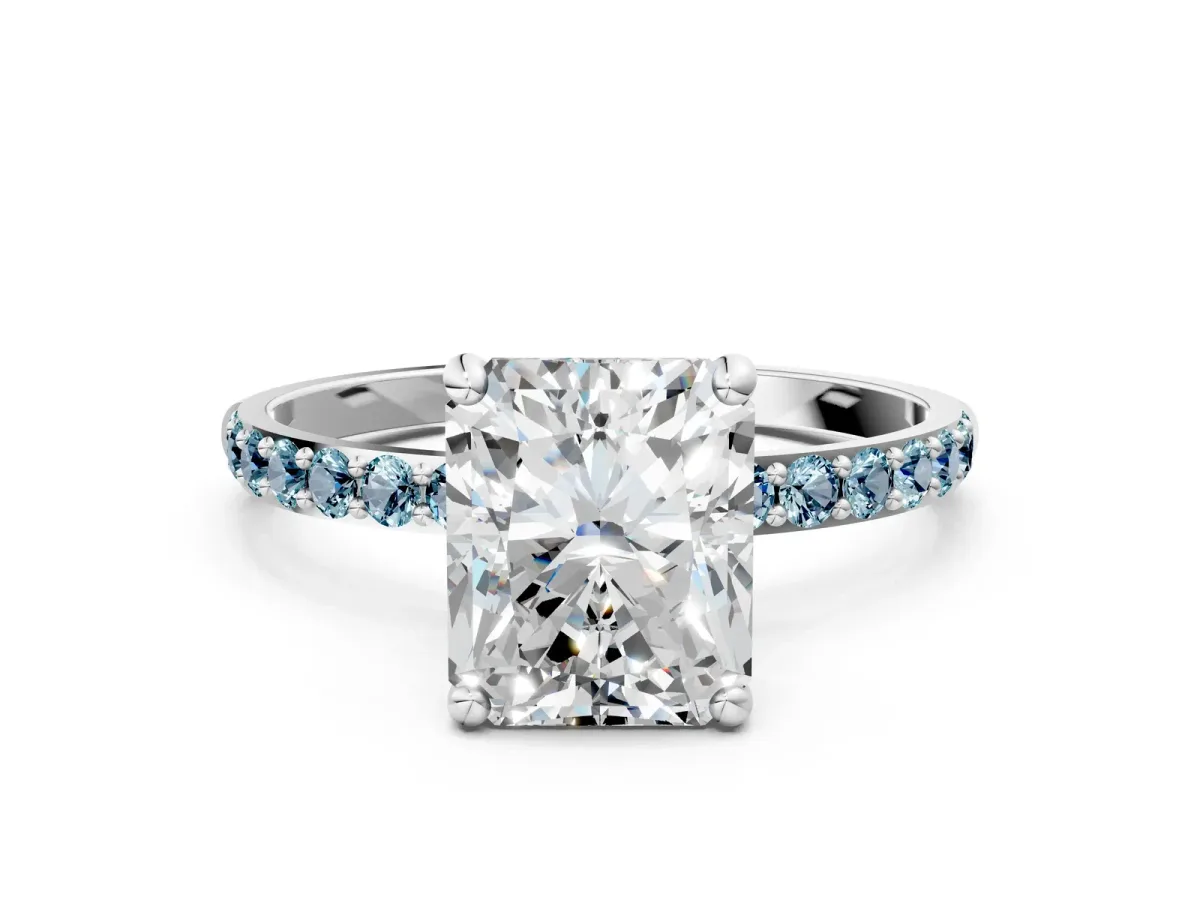 Radiant Cut Diamond Solitaire Ring with Round Aquamarine Pavé Band and Prong Setting White gold