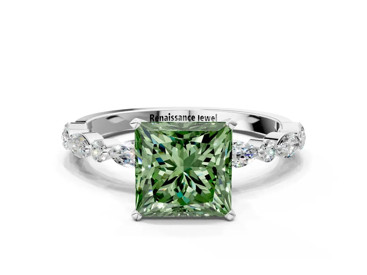 Fancy Green Princess Cut Diamond Ring with Marquise and Round Side Stones and Four-Prong Setting White gold
