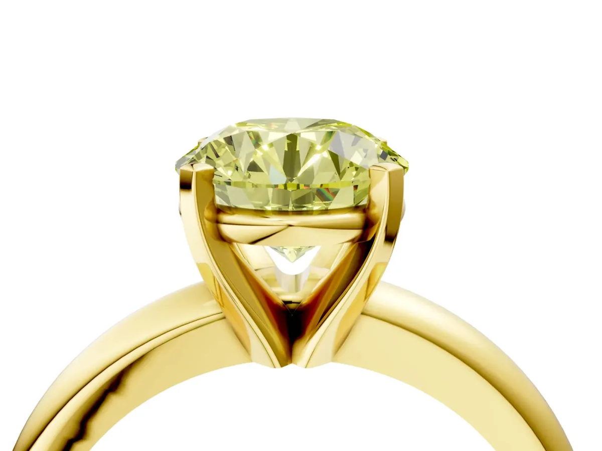 Fancy Yellow Round Cut Diamond Solitaire Engagement Ring with Round Band and Four-Prong Setting Yellow gold