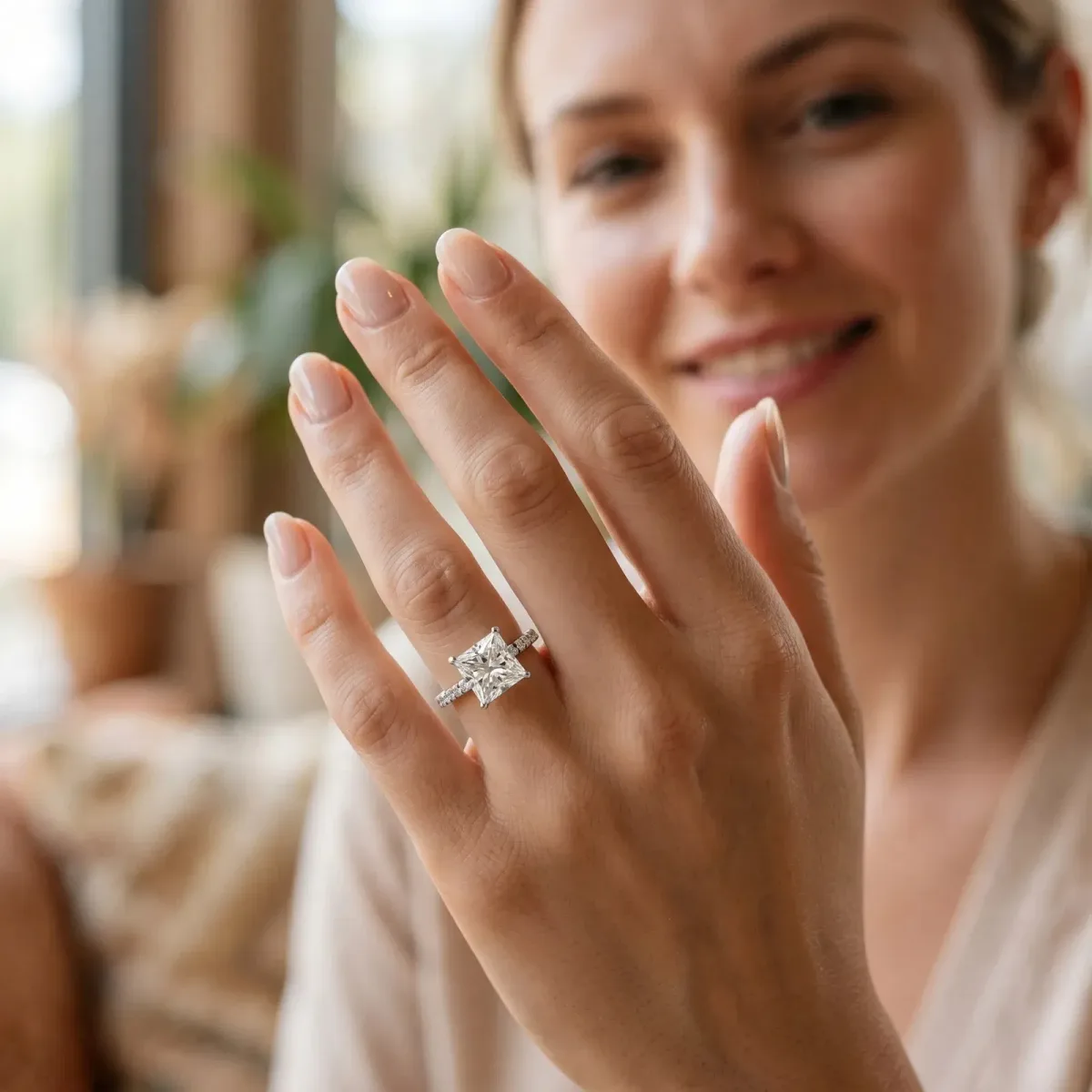 Princess Cut Diamond Solitaire Pavé Band with Four-Prong Setting Platinum