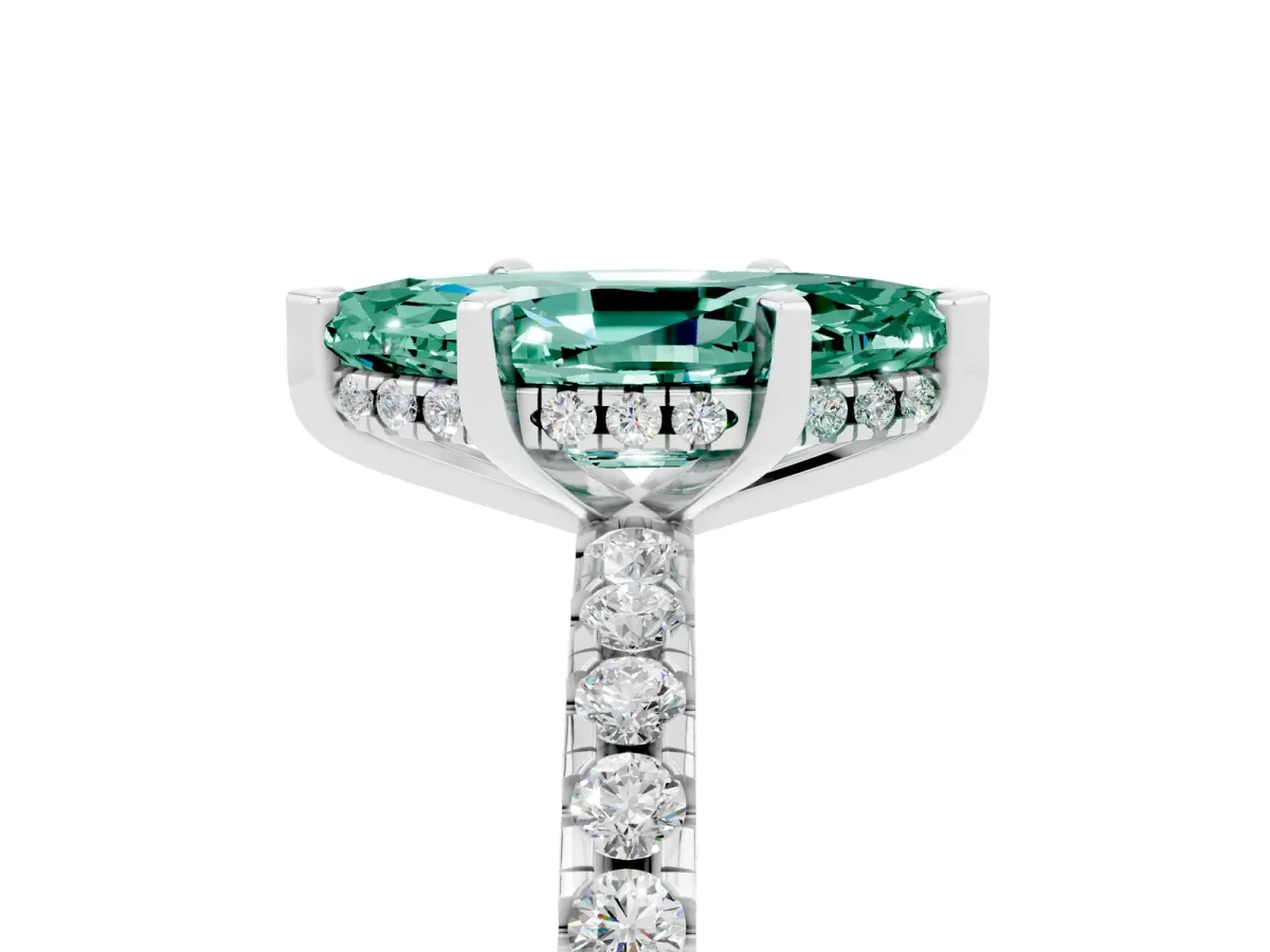Marquise Cut Green Sapphire Solitaire Ring with Round Pavé Band and Four-Prong Setting White gold