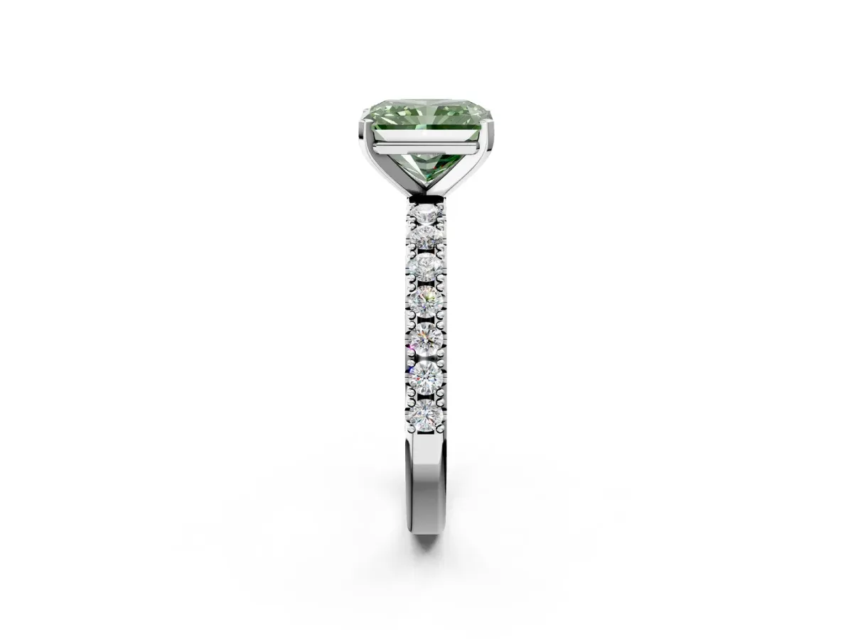 Fancy Green Radiant Cut Diamond Solitaire Pavé Band with Four-Prong Setting Platinum