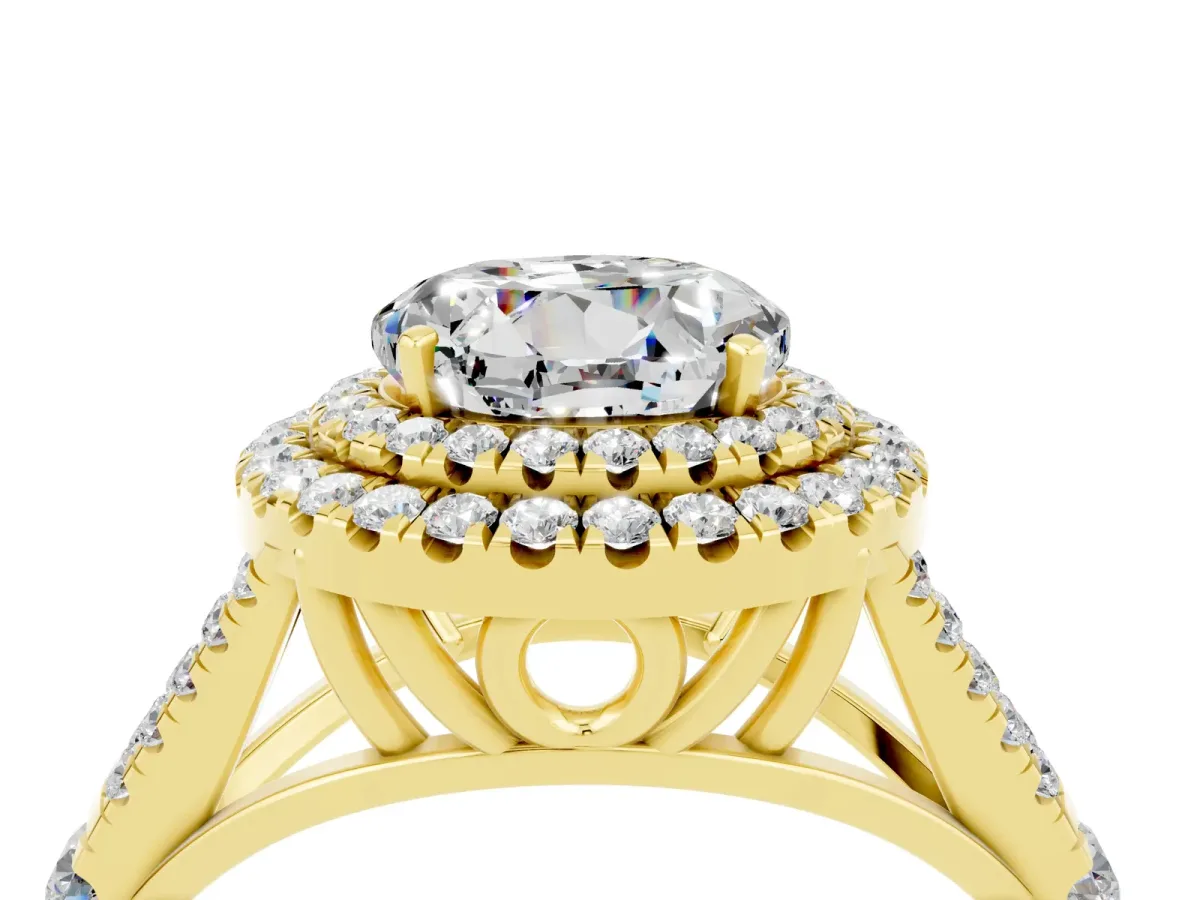 Round Cut Moissanite Double Halo Ring with Split Shank and Prong Setting Yellow gold