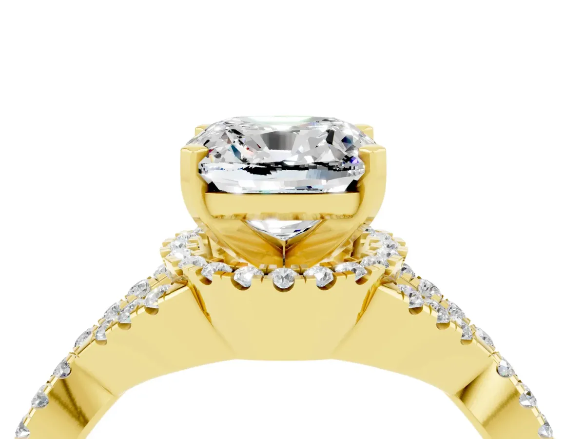 Cushion Cut Moissanite Halo Twist Band Solitaire Prong Setting Ring Yellow gold