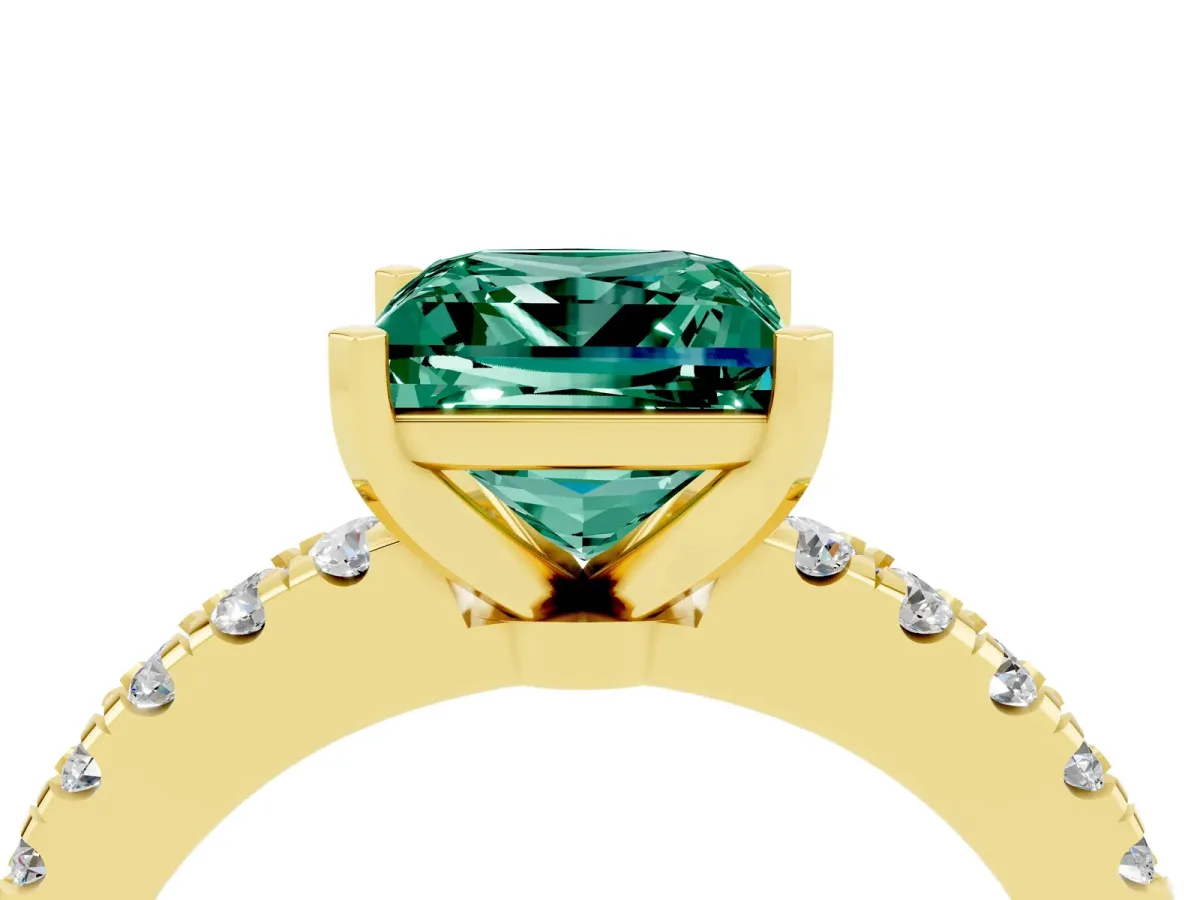 Princess Cut Solitaire Green Sapphire with Pavé Band and Four-Prong Setting Yellow gold