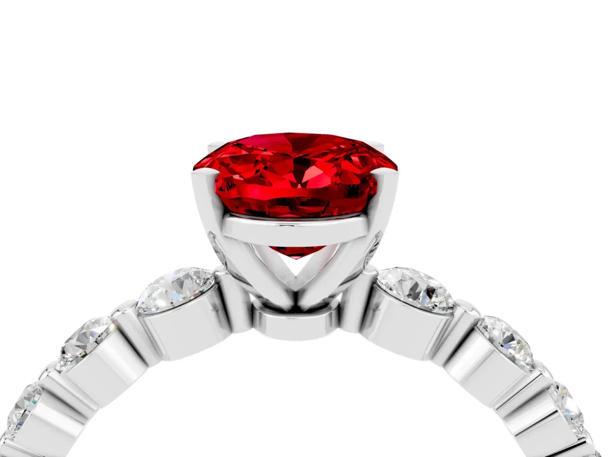 Oval Cut Solitaire Ruby Ring with Pave Band and Four-Prong Setting Platinum