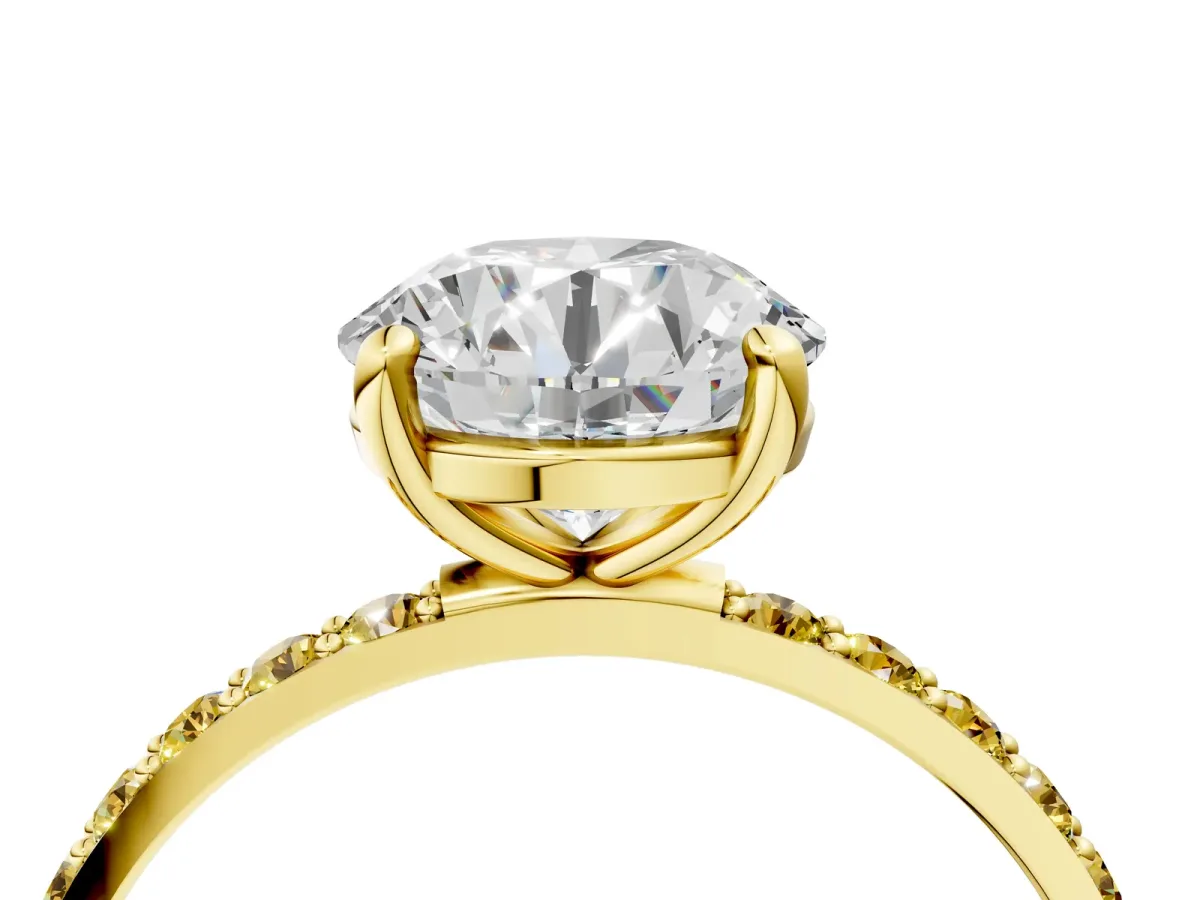 Round Cut Diamond Solitaire Ring with Round Yellow Sapphire Pavé Band and Prong Setting Yellow gold