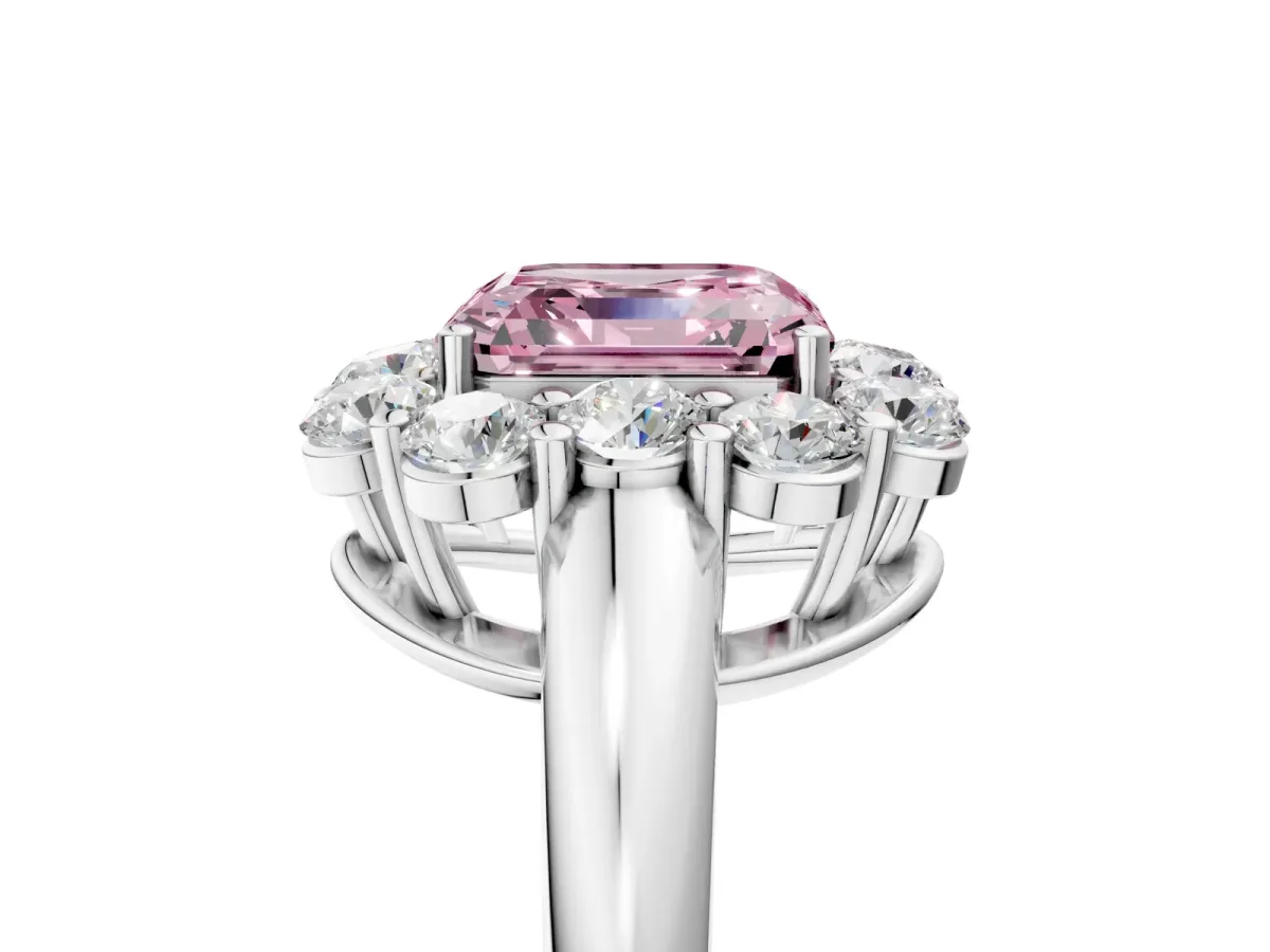 Fancy Pink Asscher Cut Halo Milgrain Solitaire with Bezel Set Side Stones and Pave Band Platinum