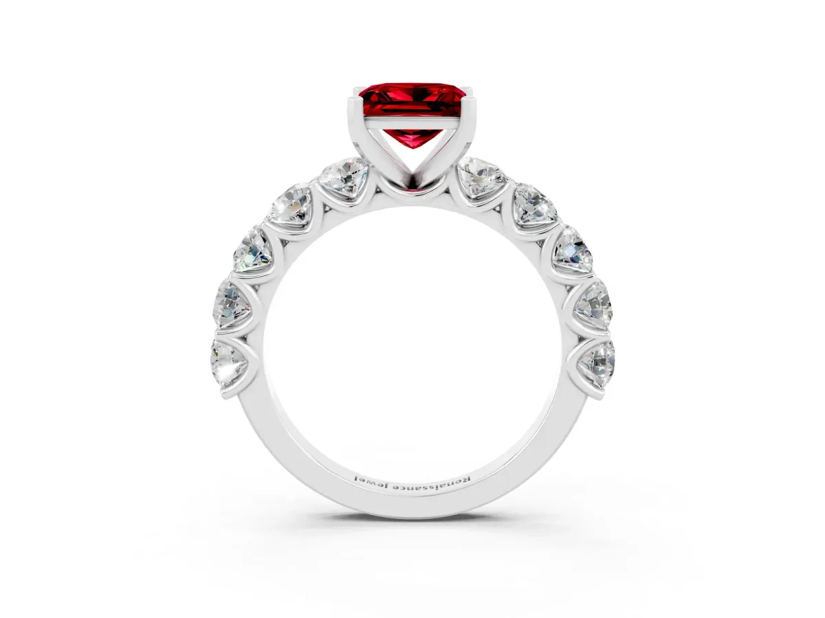 Princess Cut Ruby Prong Setting with Side Stones on a Pave Band Silver