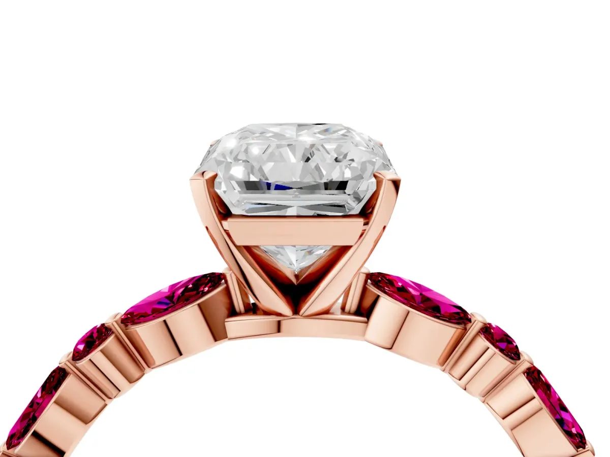 Radiant Cut Diamond Ring with Marquise and Round Garnet Side Stones and Four-Prong Setting Rose gold