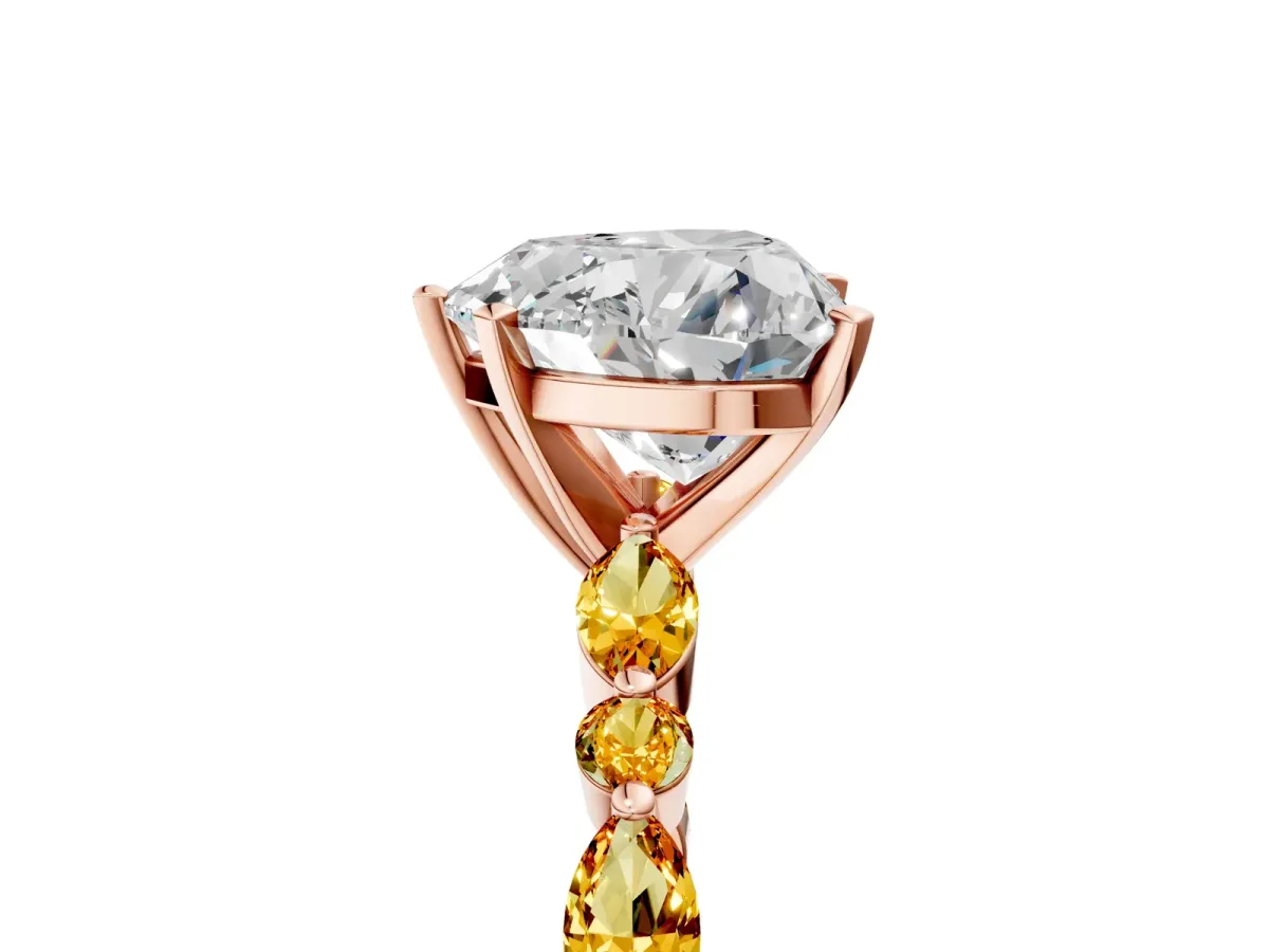 Heart Cut Diamond Ring with Marquise and Round Citrine Side Stones and Four-Prong Setting Rose gold