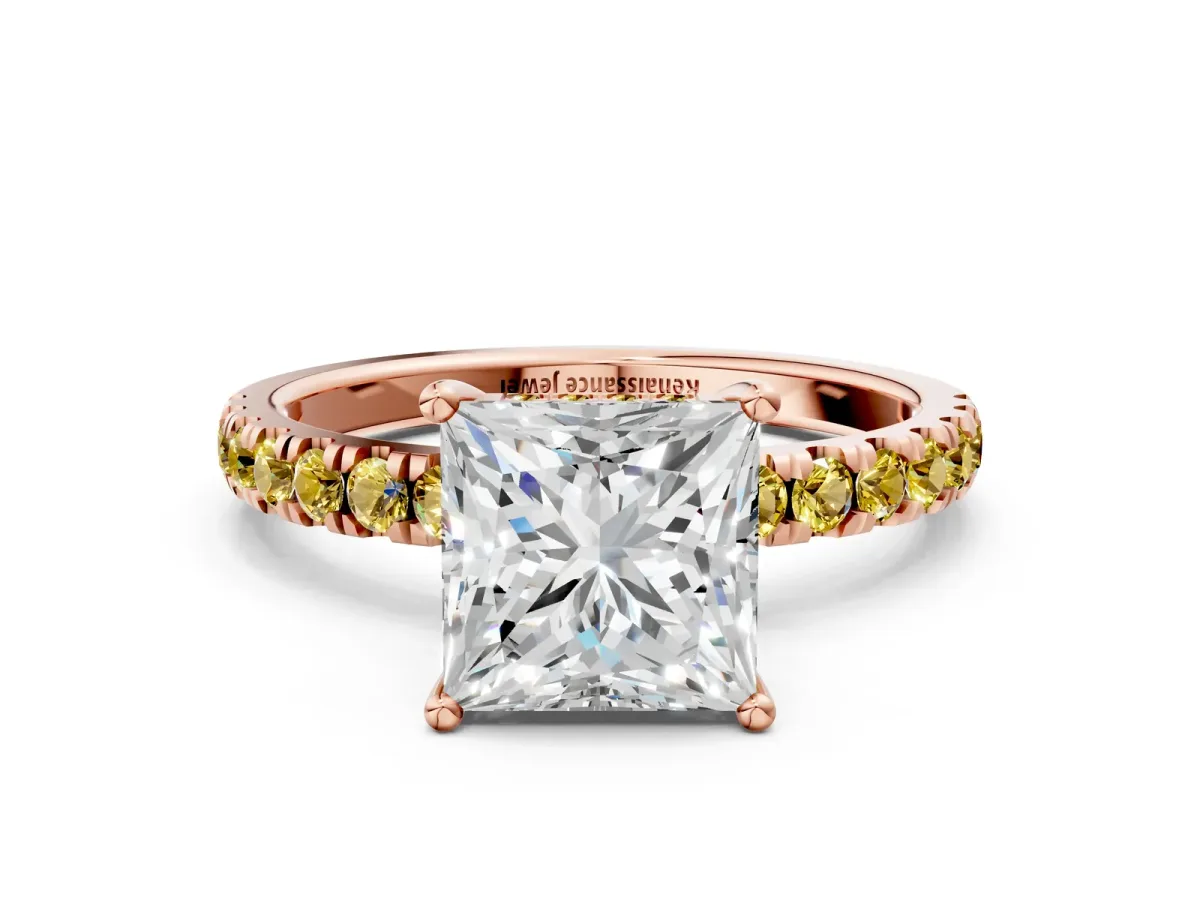 Princess Cut Diamond Pave Band Solitaire Ring with Round Yellow Sapphire and Prong Setting Rose gold