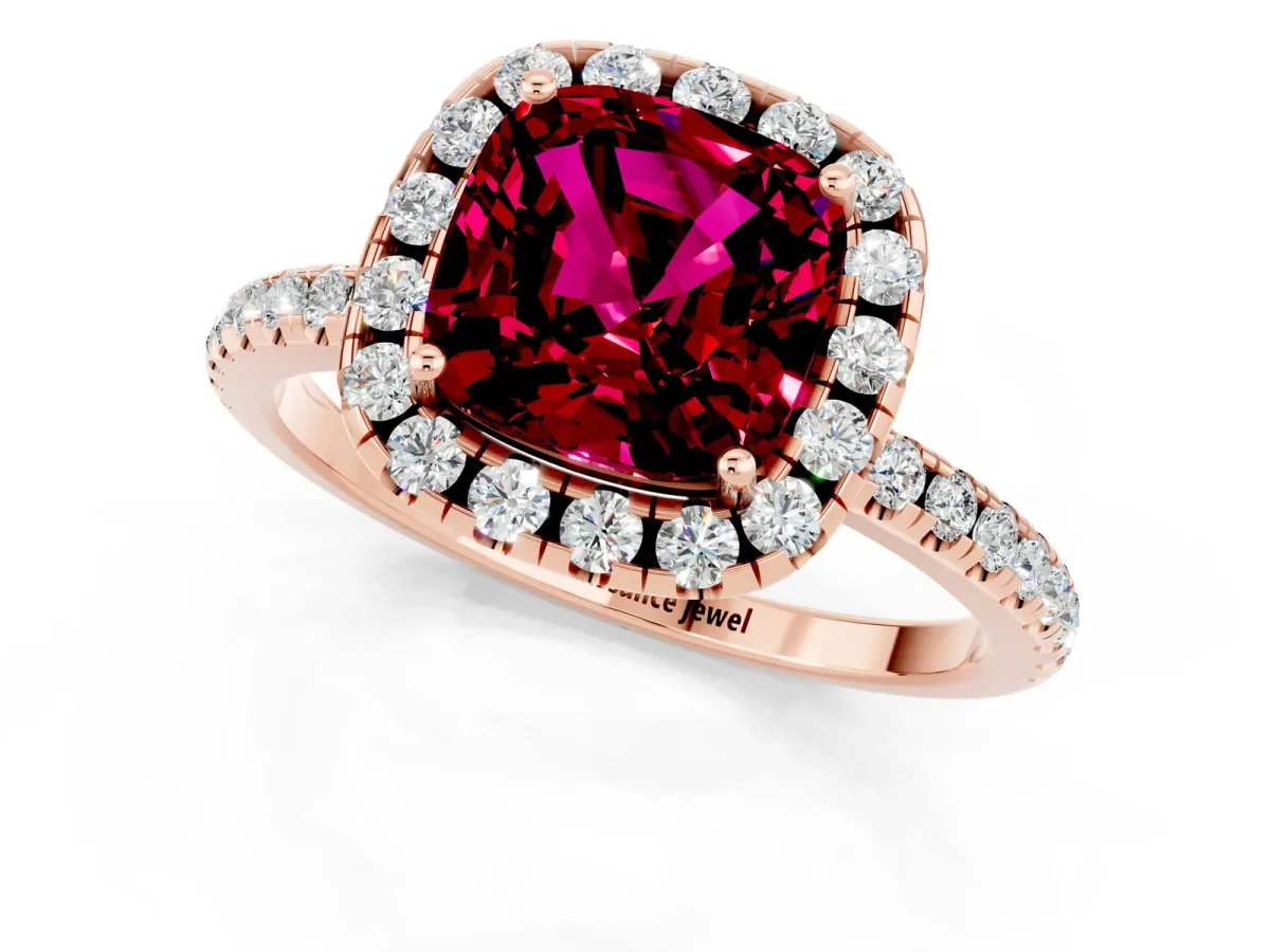 Cushion Cut Garnet Halo Ring with Round Pavé Band and Prong Setting Rose gold