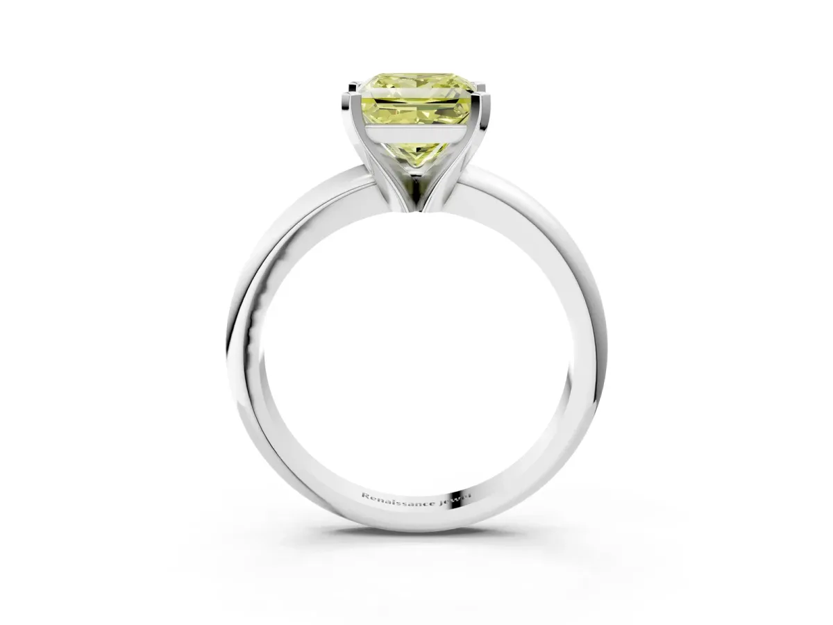 Fancy Yellow Princess Cut Diamond Solitaire Engagement Ring with Round Band and Four-Prong Setting White gold