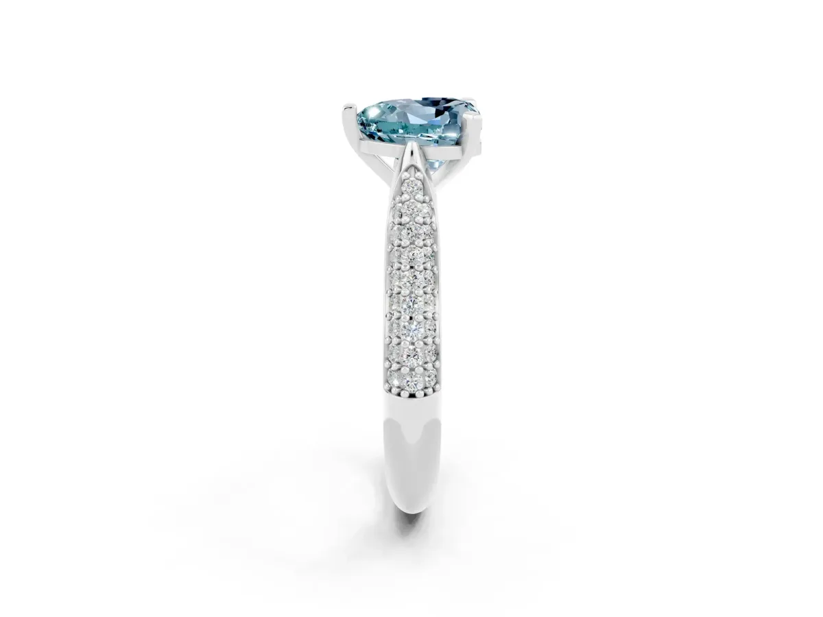 Heart Cut Aquamarine Solitaire Engagement Ring with Multi-Row Round Pavé Band and Prong Setting Platinum