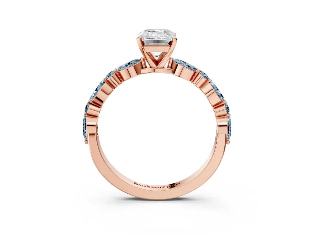 Emerald Cut Diamond Ring with Marquise and Round Aquamarine Side Stones and Four-Prong Setting Rose gold