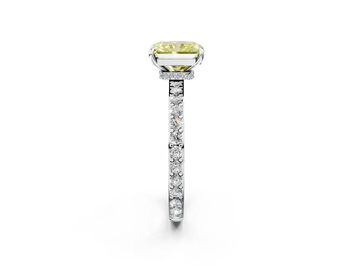 Fancy Yellow Radiant Cut Diamond Solitaire Engagement Ring with Pavé Band and Four-Prong Setting White gold