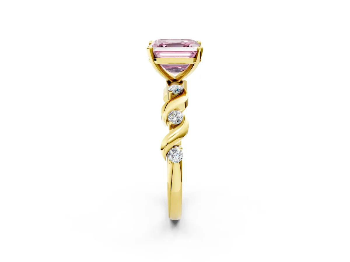 Fancy Pink Asscher Cut Diamond Solitaire Twisted Band with Round Accents and Prong Setting Yellow gold