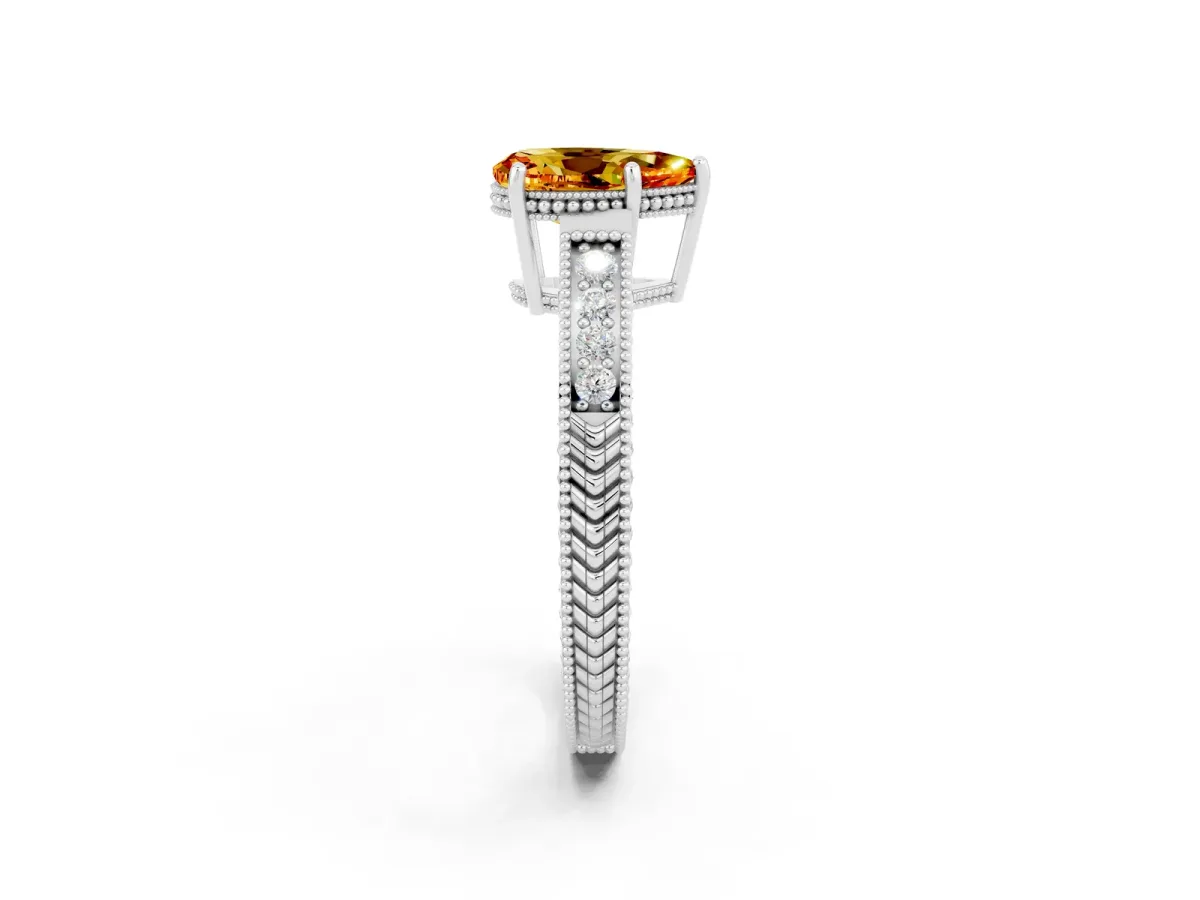 Pear Cut Citrine Ring with Milgrain Pavé Band and Four-Prong Setting Platinum