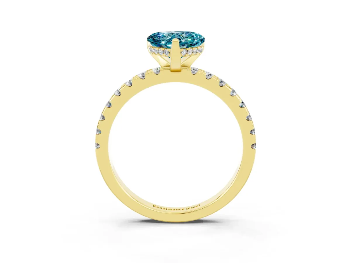 Heart Cut Blue Topaz Solitaire Ring with Round Pavé Band and Four-Prong Setting Yellow gold