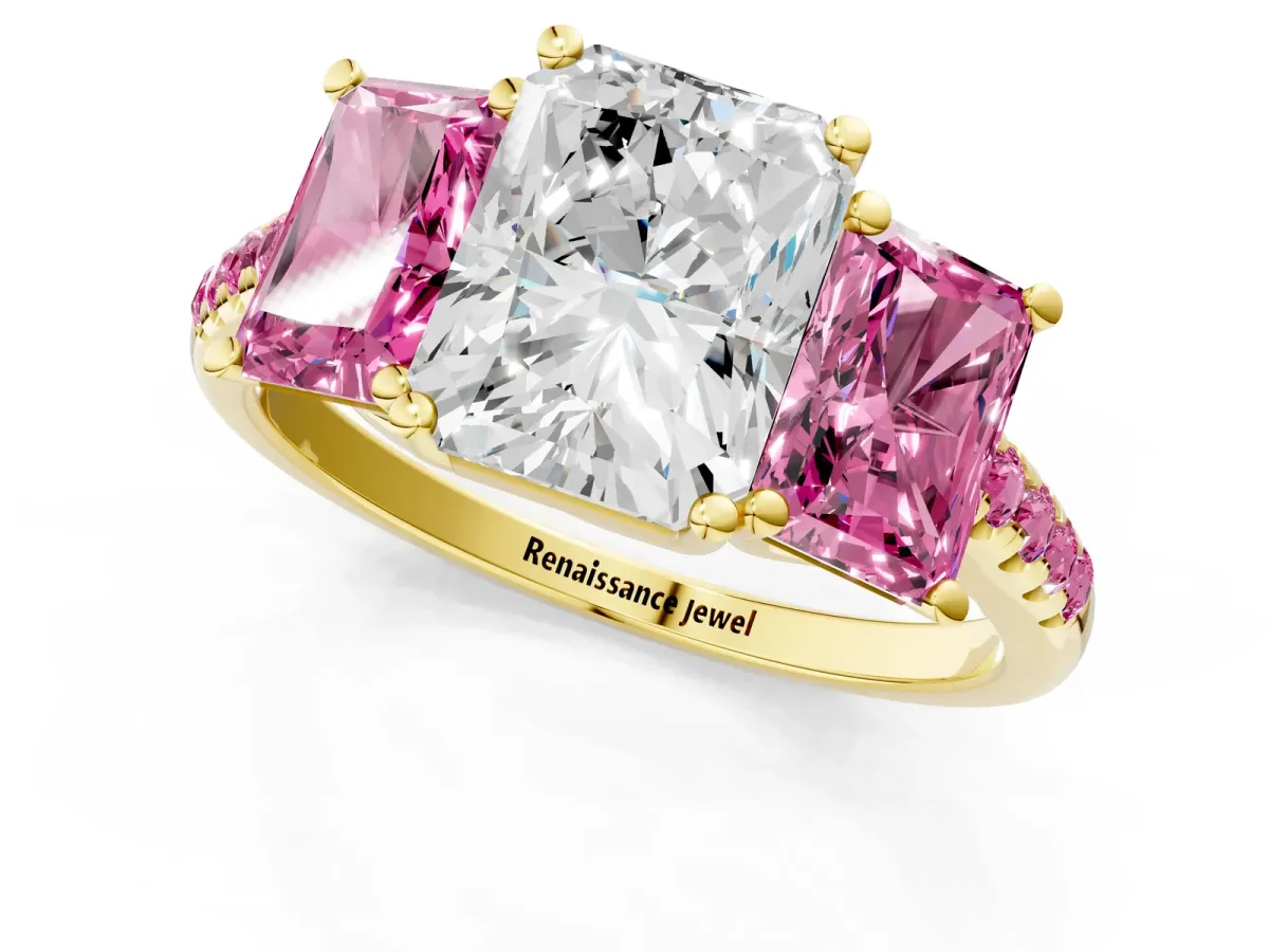 Three-Stone Radiant Cut Diamond Ring with Round Pink Sapphire Pavé Band and Prong Setting Yellow gold